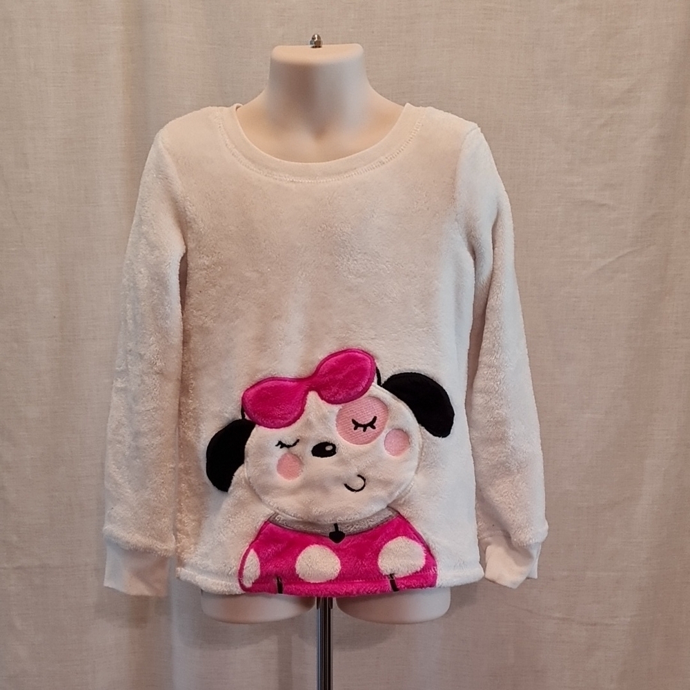 Cute White Fuzzy Kids Top with Pink Bow Dog Design, Kids 6/6X, no brand